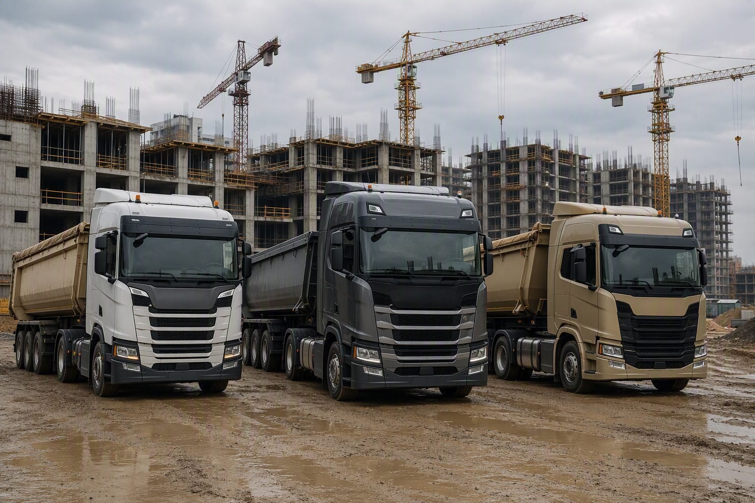 European heavy trucks parked at a construction site