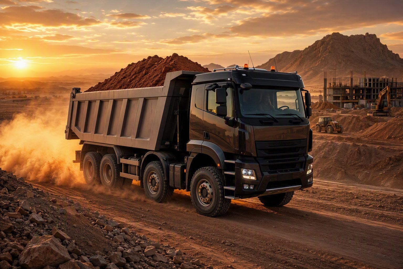 European heavy dump truck transporting sand across Saudi desert construction site